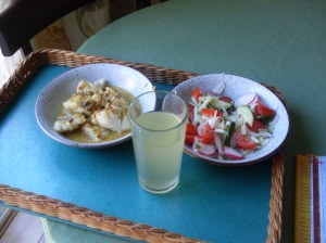 Fish Balti ,simple salad, Elderflower cordial.